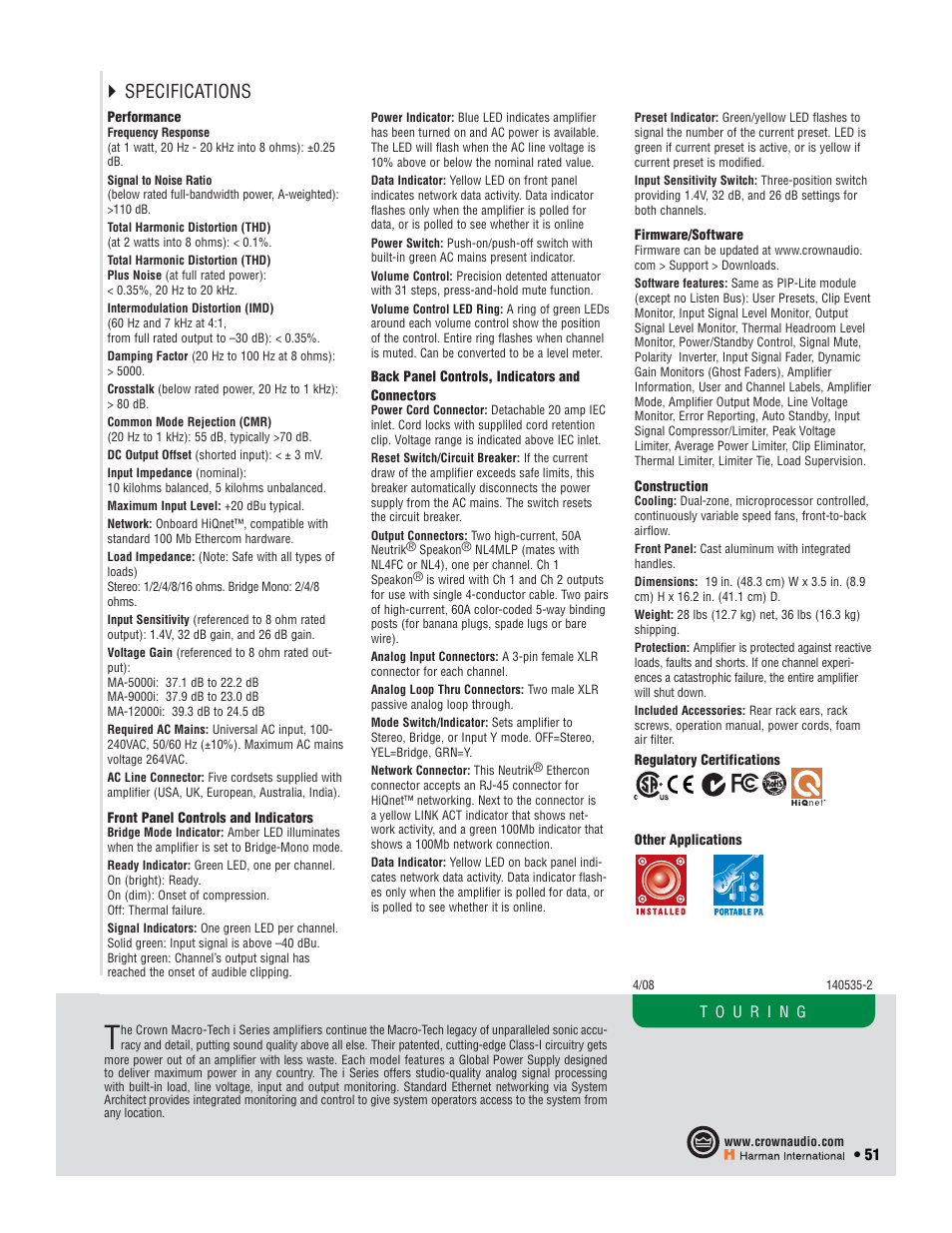 Specifications | Crown Audio CTs 2-Channel User Manual | Page 51 / 83