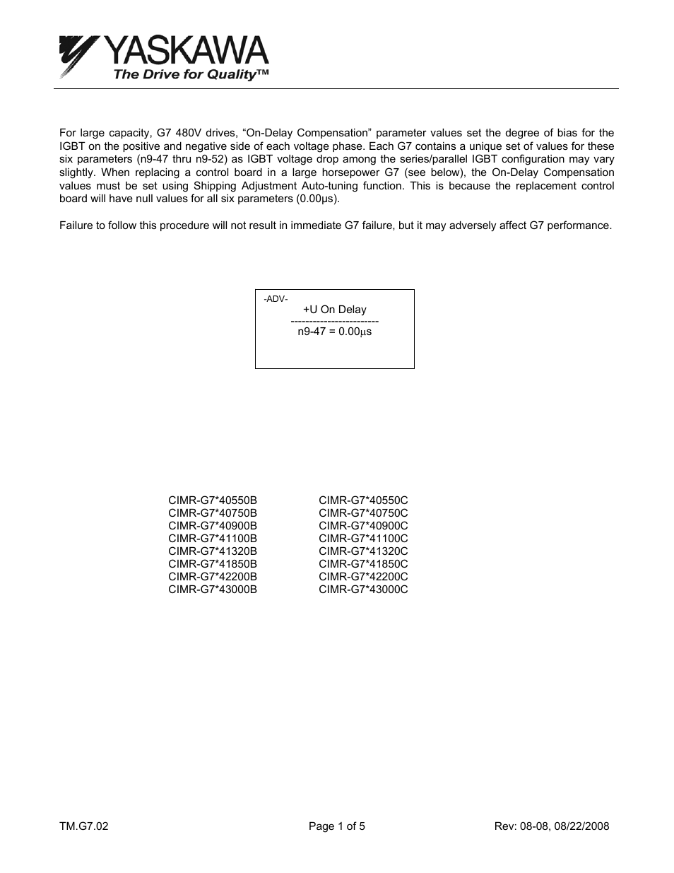 Yaskawa Control Board Replacement Procedure for Large Capacity G7 Drives User Manual | 5 pages