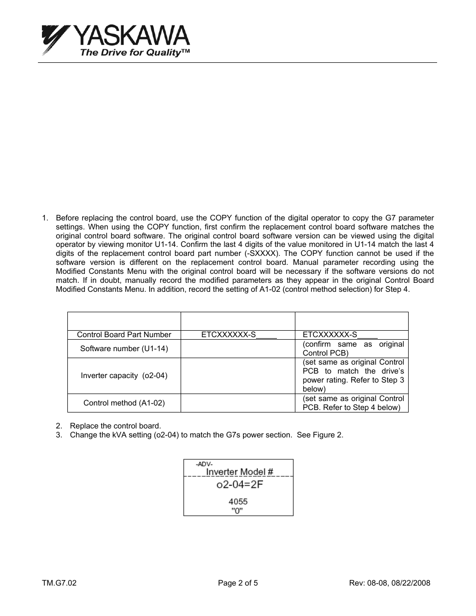 Yaskawa Control Board Replacement Procedure for Large Capacity G7 Drives User Manual | Page 2 / 5
