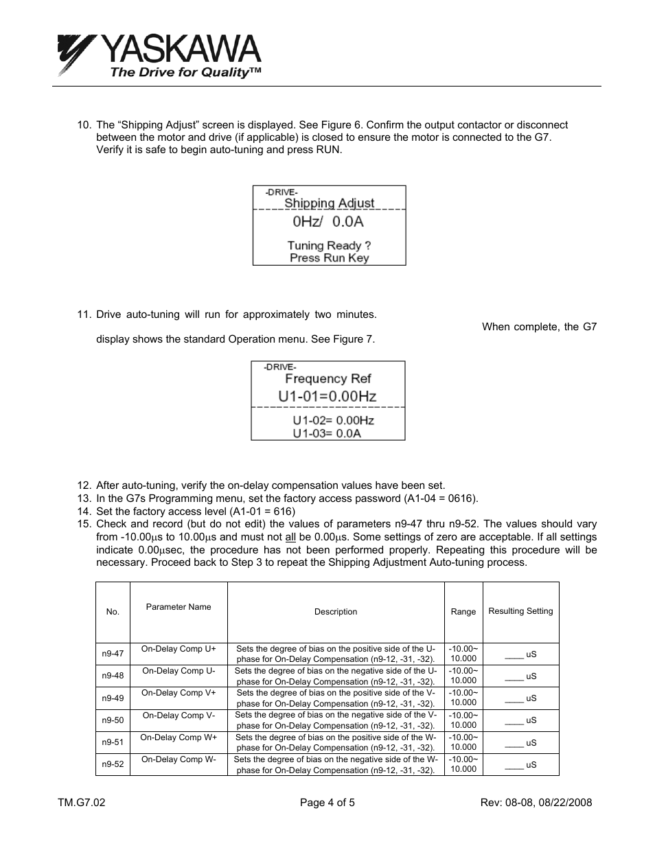 Parameter name, Lcd display, U on delay | Yaskawa Control Board Replacement Procedure for Large Capacity G7 Drives User Manual | Page 4 / 5