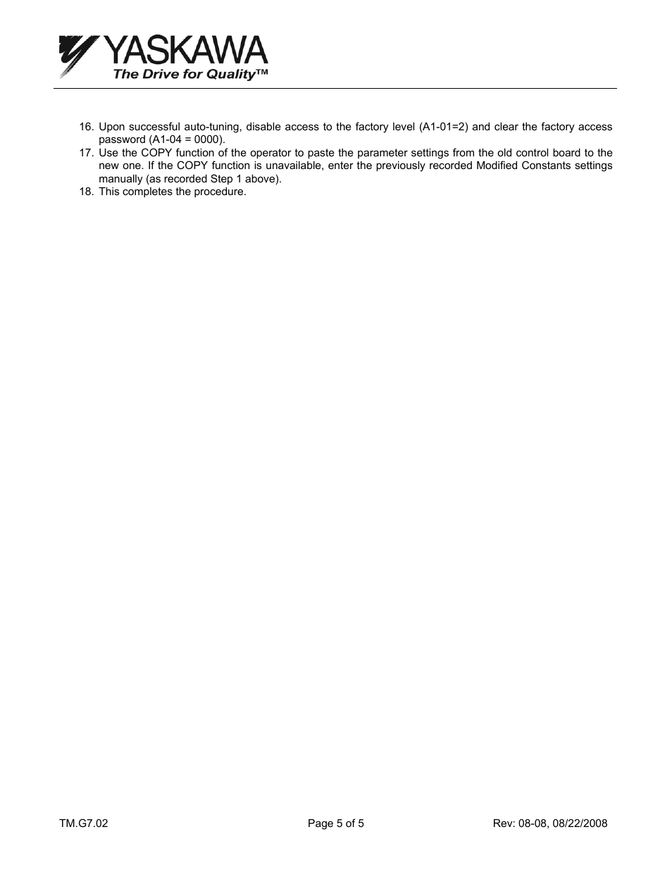 Yaskawa Control Board Replacement Procedure for Large Capacity G7 Drives User Manual | Page 5 / 5