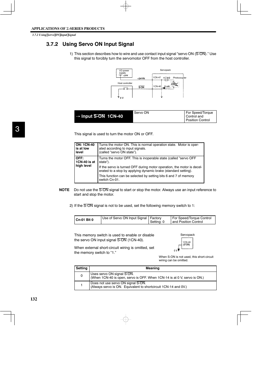 2 using servo on input signal, Input s-on 1cn-40 | Yaskawa DR2 Sigma Servo User Manual | Page 145 / 513