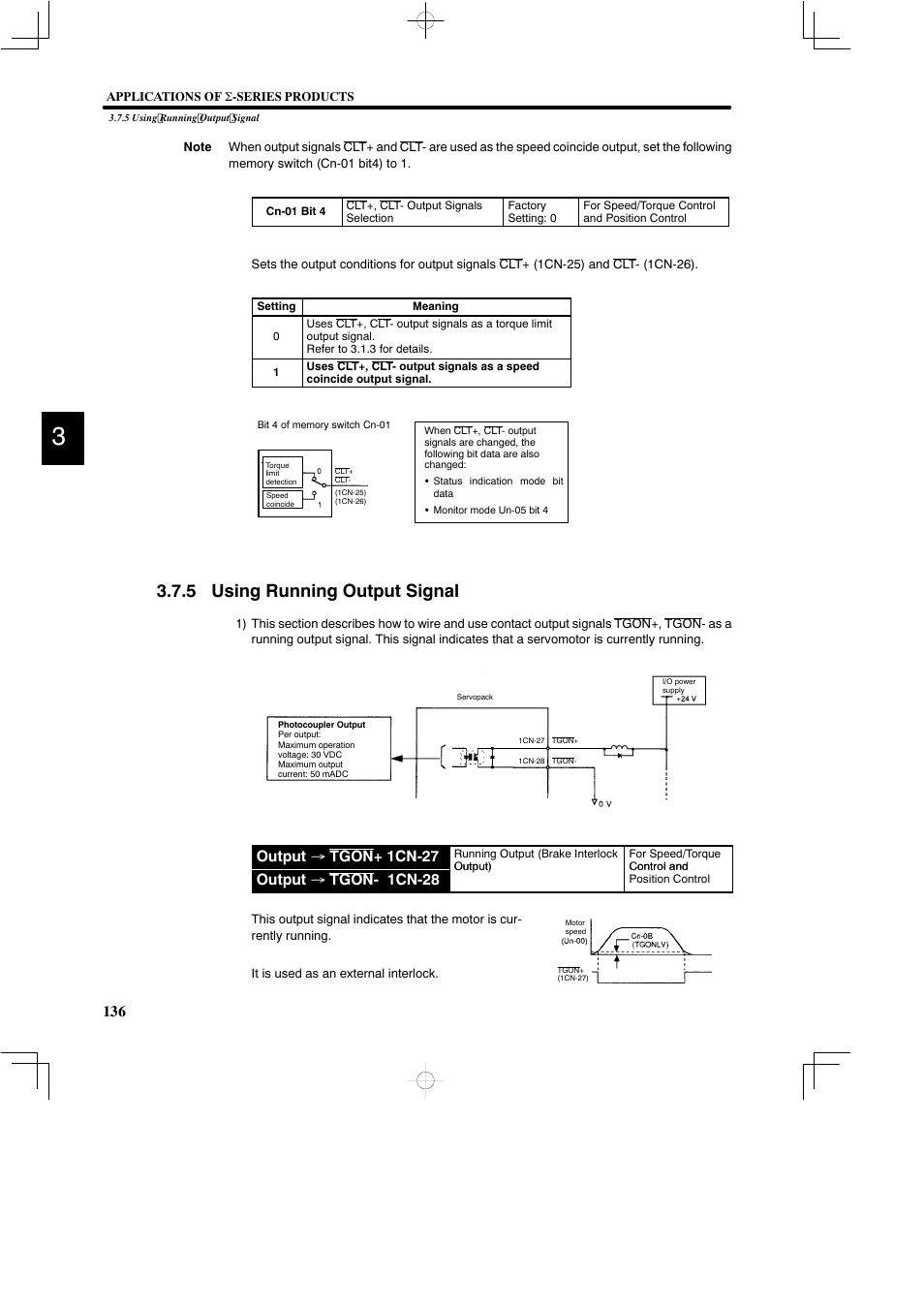 5 using running output signal, Output → tgon+ 1cn-27, Output → tgon- 1cn-28 | Yaskawa DR2 Sigma Servo User Manual | Page 149 / 513