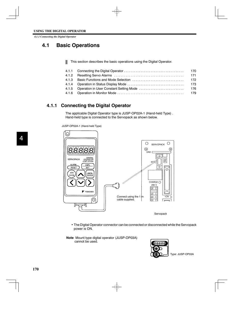 1 basic operations, 1 connecting the digital operator | Yaskawa DR2 Sigma Servo User Manual | Page 183 / 513