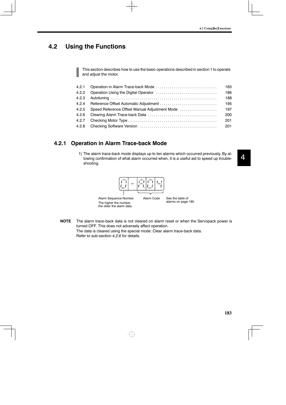 2 using the functions, 1 operation in alarm trace-back mode | Yaskawa DR2 Sigma Servo User Manual | Page 196 / 513