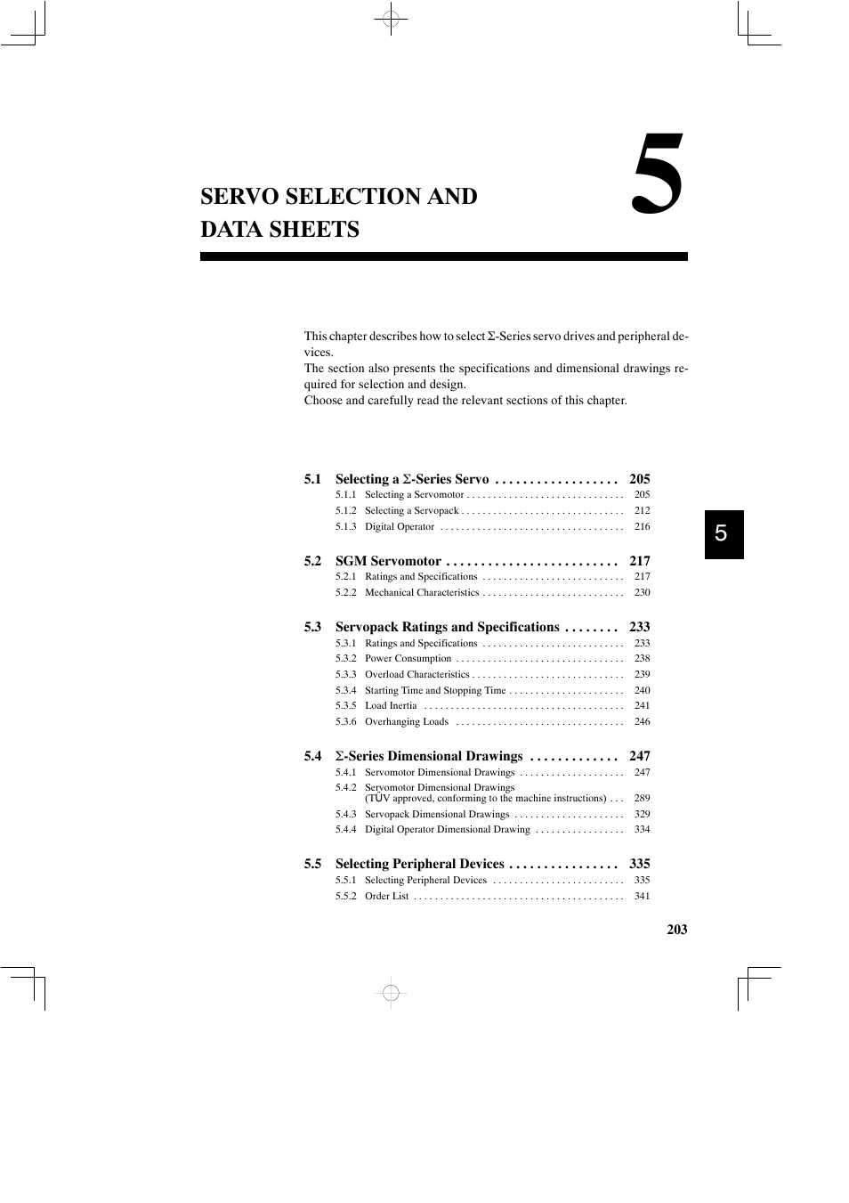 5 servo selection and data sheets, Servo selection and data sheets | Yaskawa DR2 Sigma Servo User Manual | Page 215 / 513
