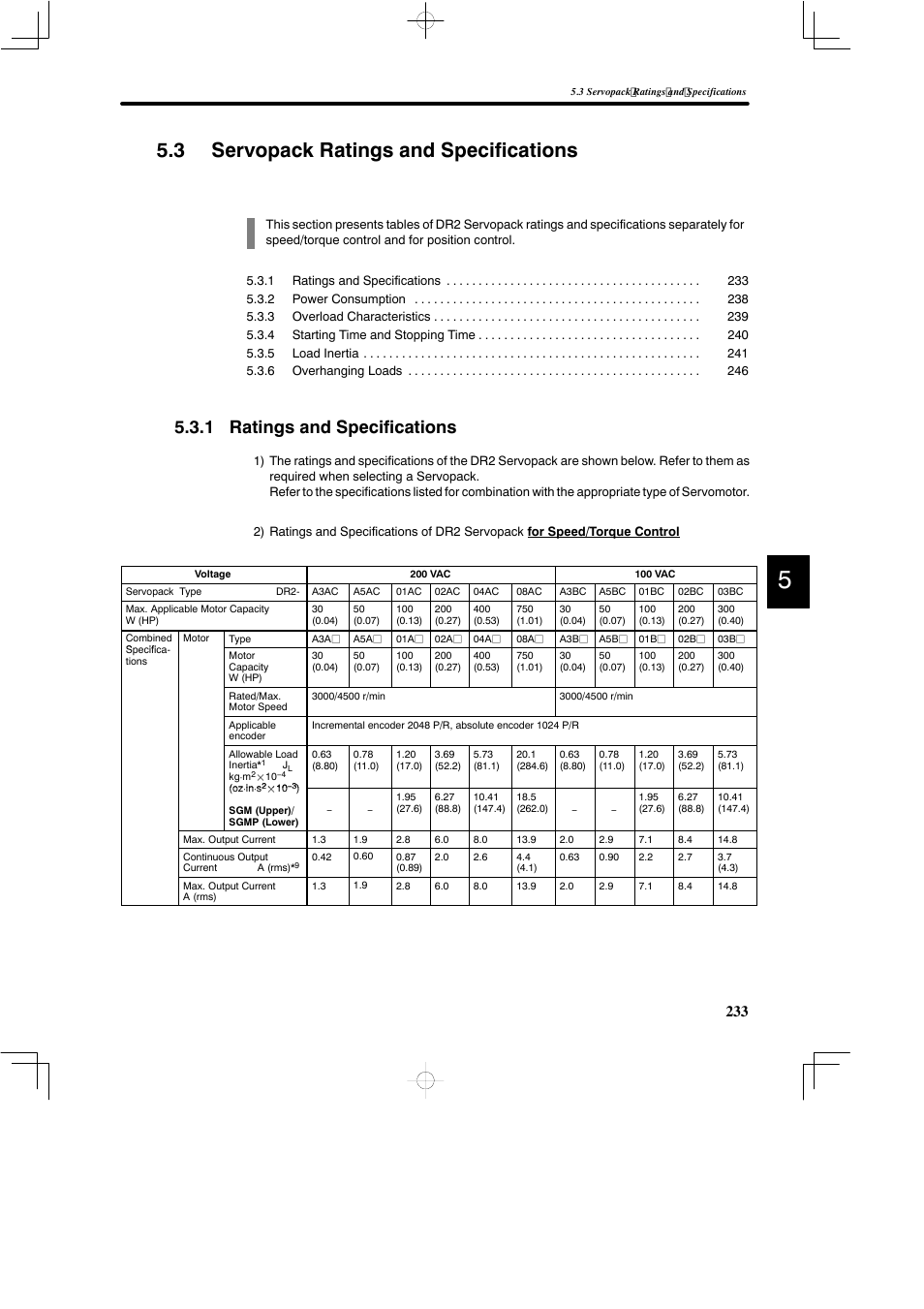 3 servopack ratings and specifications, 1 ratings and specifications | Yaskawa DR2 Sigma Servo User Manual | Page 245 / 513
