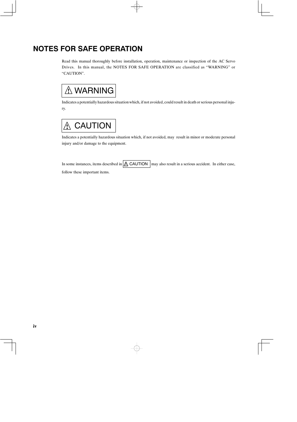 Notes for safe operation, Warning, Caution | Yaskawa DR2 Sigma Servo User Manual | Page 3 / 513