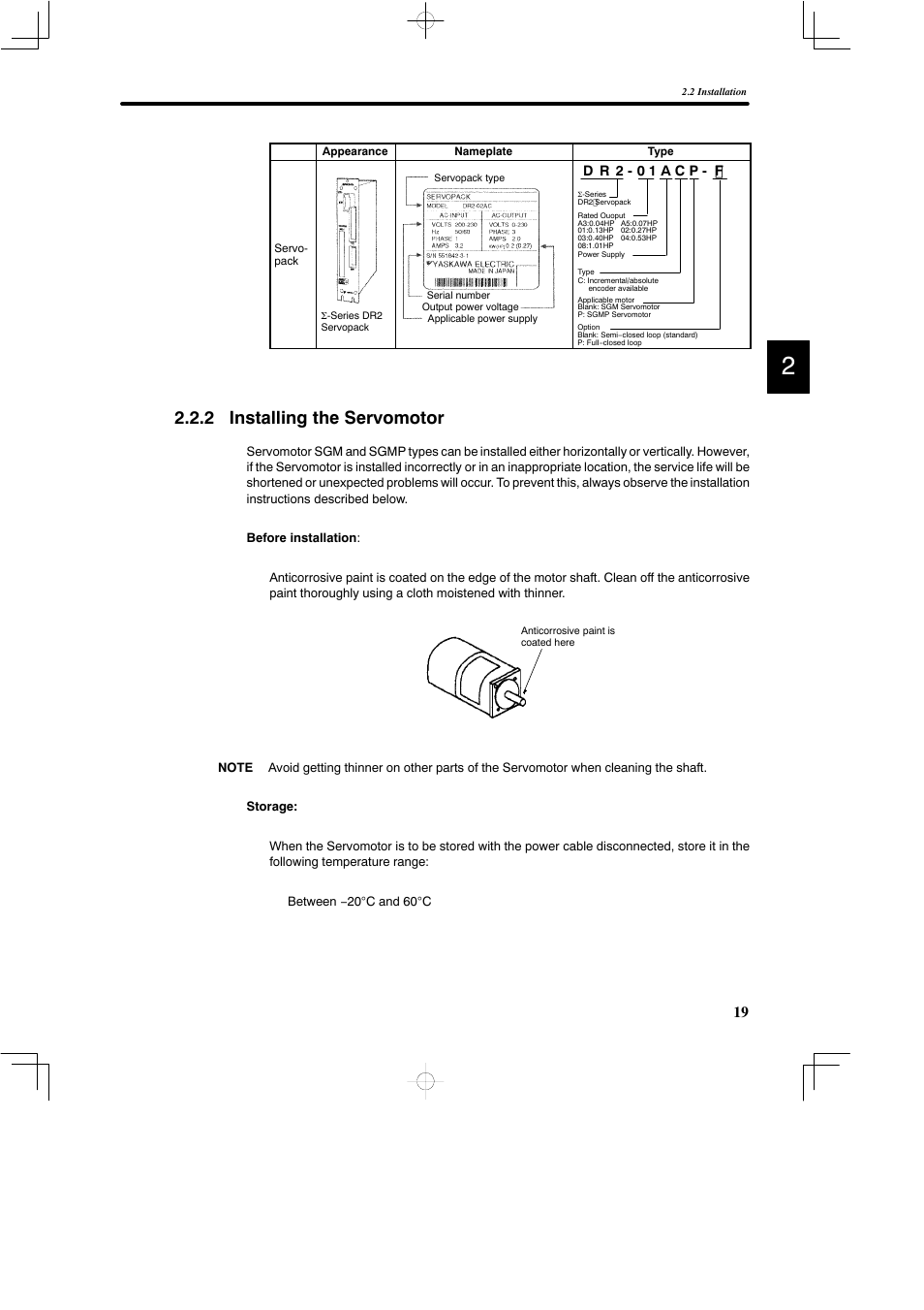 2 installing the servomotor, D r 2 - 0 1 a c p - f | Yaskawa DR2 Sigma Servo User Manual | Page 33 / 513