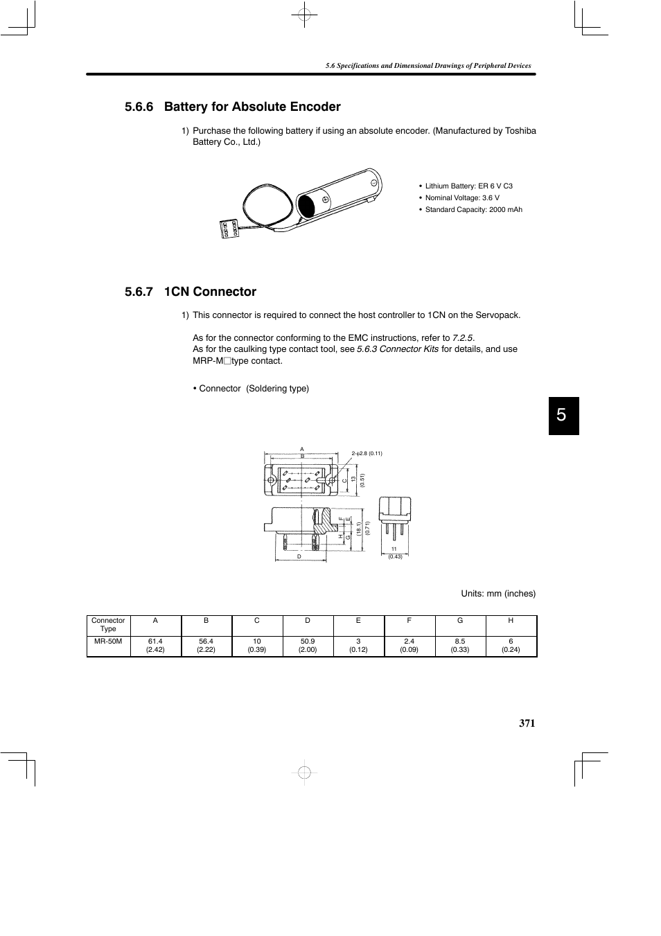 6 battery for absolute encoder, 7 1cn connector | Yaskawa DR2 Sigma Servo User Manual | Page 383 / 513