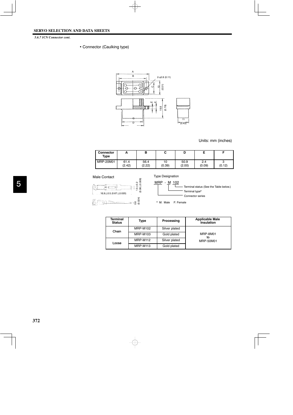 Servo selection and data sheets, Connector (caulking type), Units: mm (inches) | Yaskawa DR2 Sigma Servo User Manual | Page 384 / 513