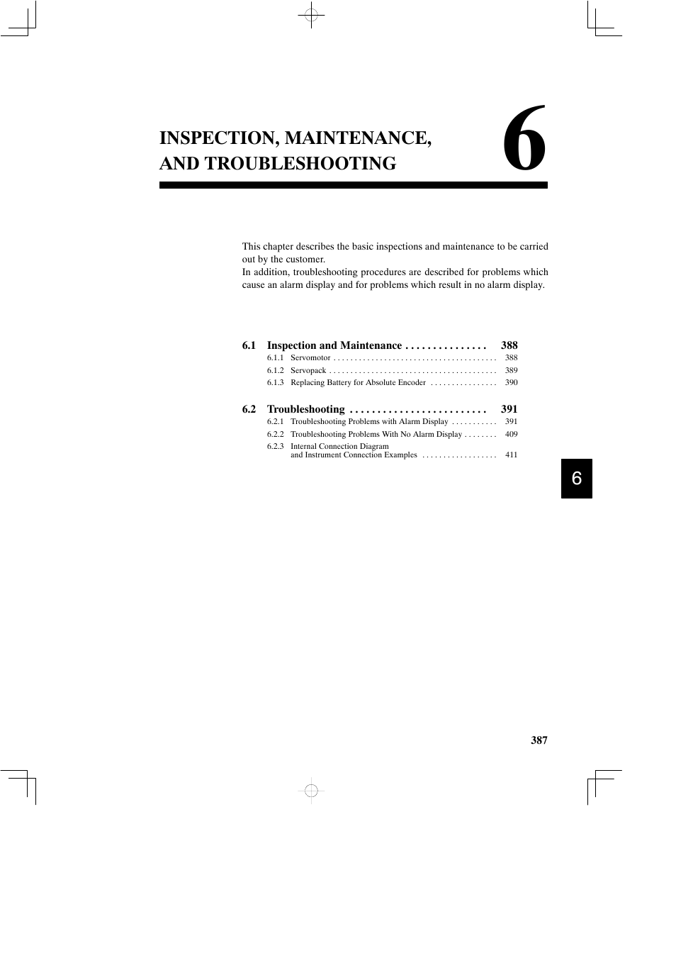 6 inspection, maintenance, and troubleshooting, Inspection, maintenance, and troubleshooting | Yaskawa DR2 Sigma Servo User Manual | Page 399 / 513