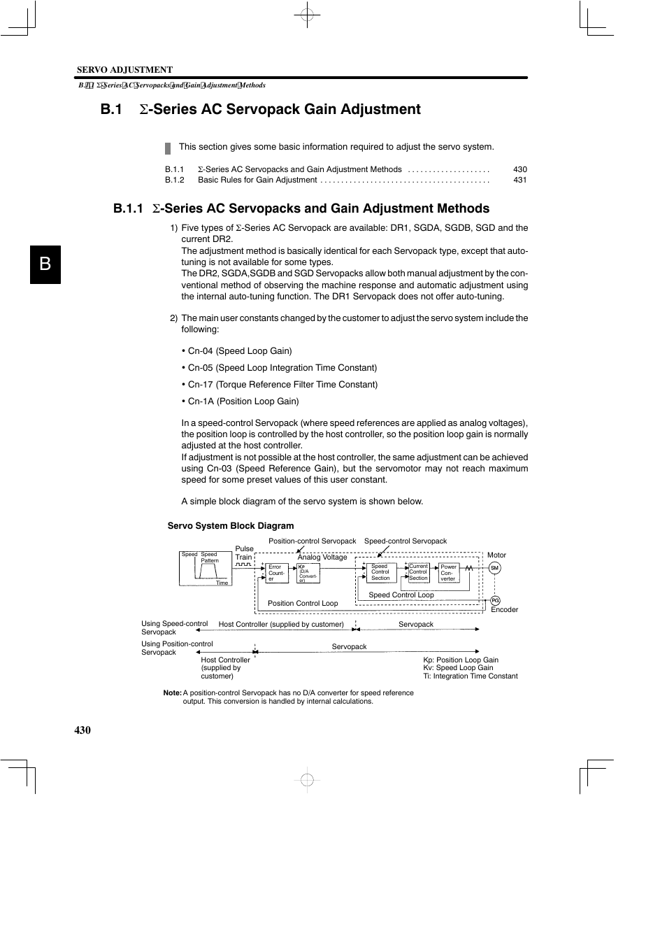 B.1 sigma-series ac servopack gain adjustment, B.1 σ -series ac servopack gain adjustment | Yaskawa DR2 Sigma Servo User Manual | Page 441 / 513