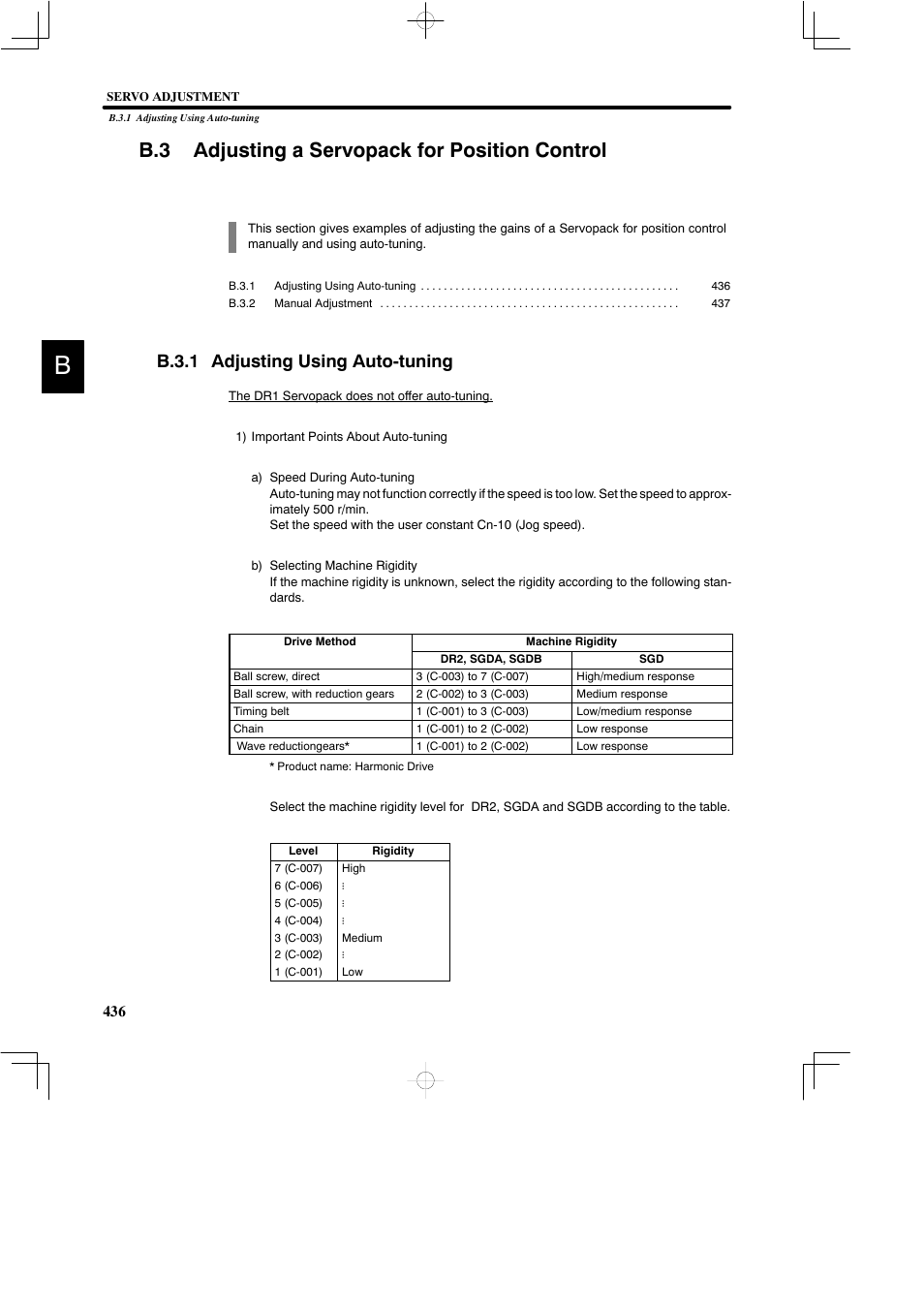 B.3 adjusting a servopack for position control, B.3.1 adjusting using auto-tuning | Yaskawa DR2 Sigma Servo User Manual | Page 447 / 513