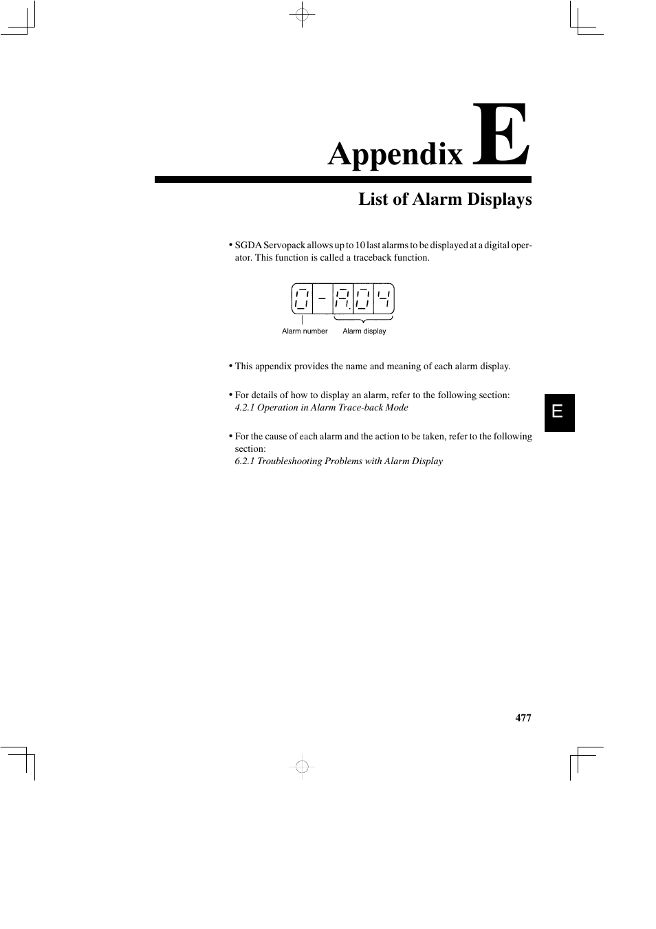 Appendix e list of alarm displays, Appendix | Yaskawa DR2 Sigma Servo User Manual | Page 486 / 513