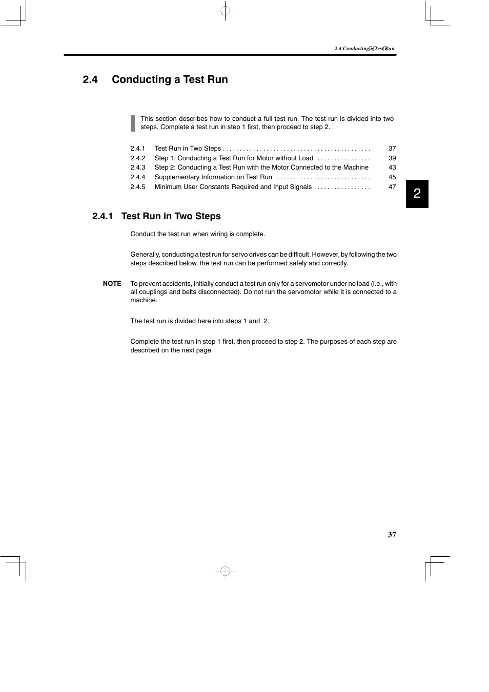 4 conducting a test run, 1 test run in two steps | Yaskawa DR2 Sigma Servo User Manual | Page 51 / 513