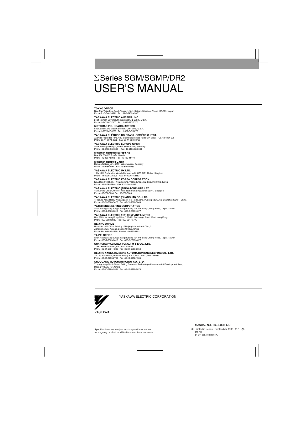 Back cover, User's manual, Series sgm/sgmp/dr2 | Yaskawa DR2 Sigma Servo User Manual | Page 513 / 513