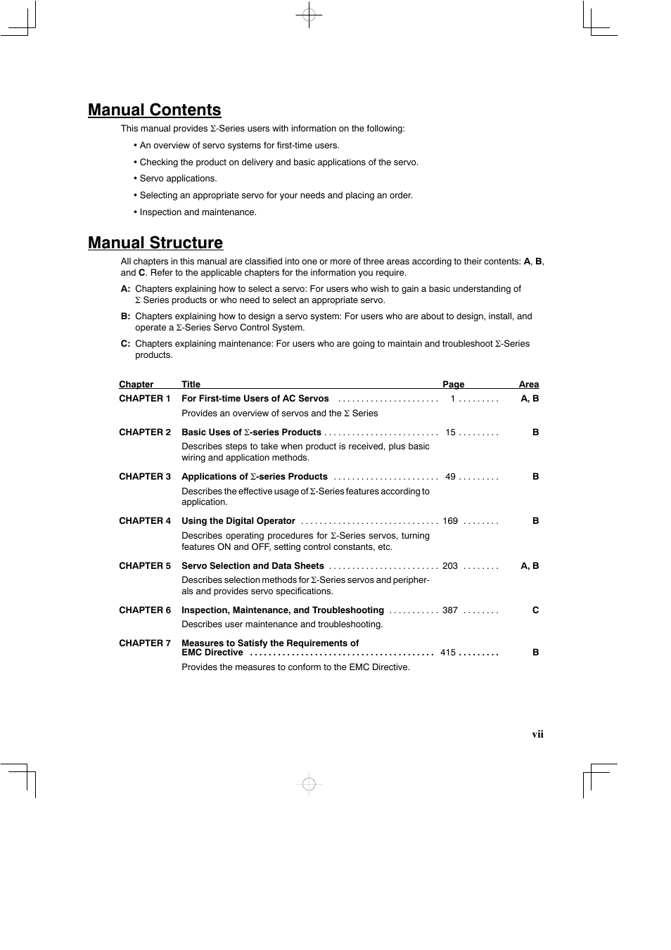 Manual contents, Manual structure | Yaskawa DR2 Sigma Servo User Manual | Page 6 / 513