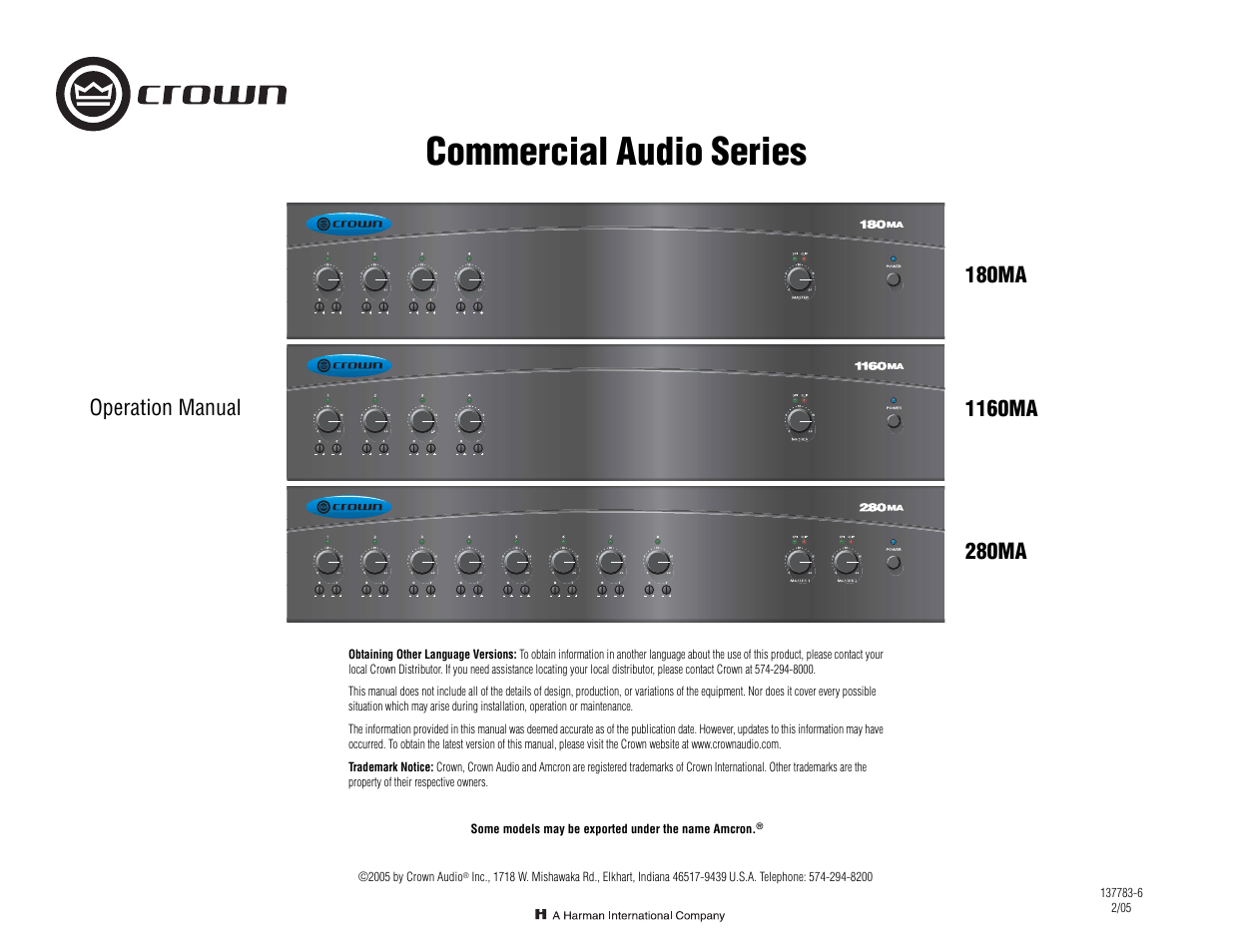 Crown Audio 180MA User Manual | 20 pages