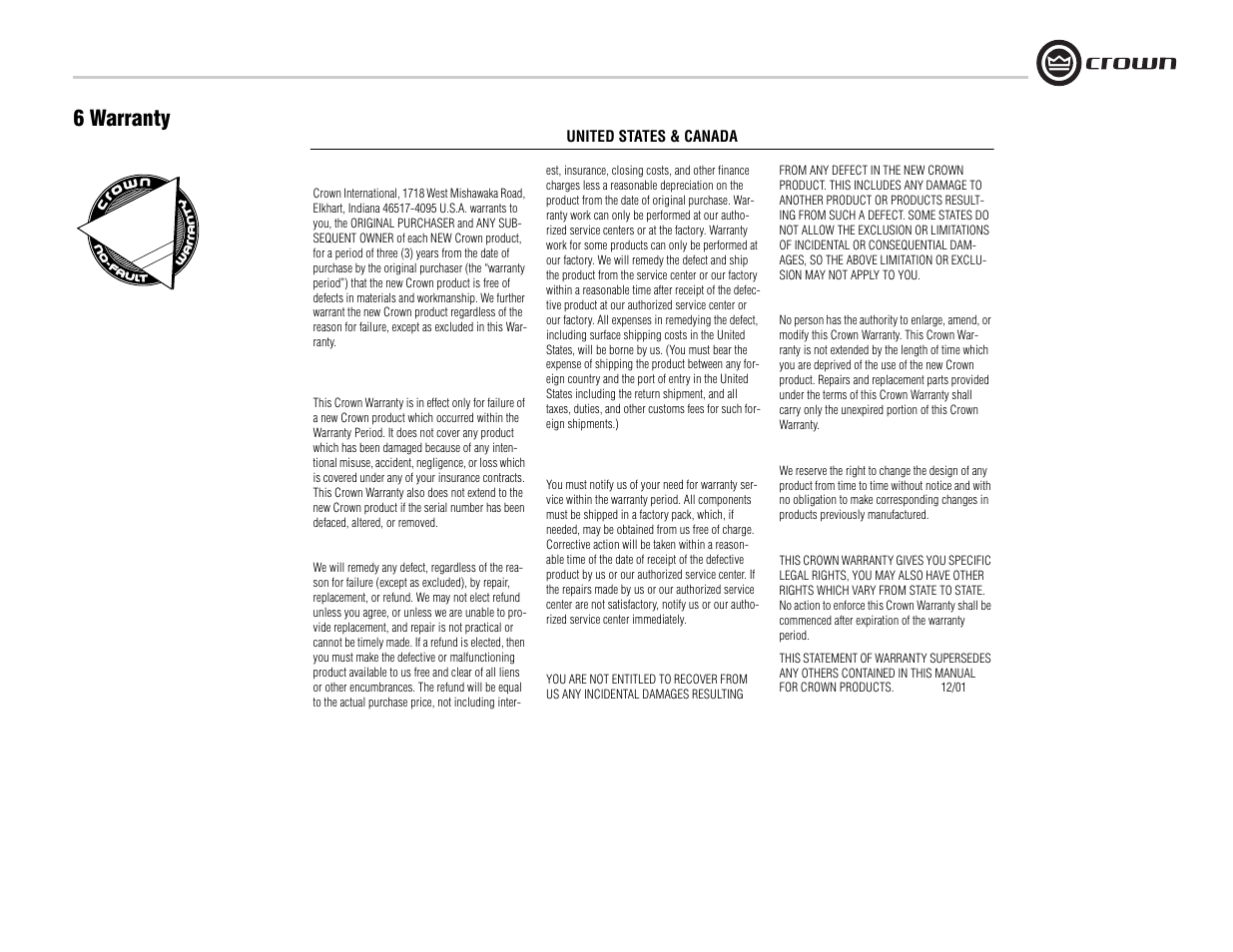 6 warranty | Crown Audio 180MA User Manual | Page 17 / 20