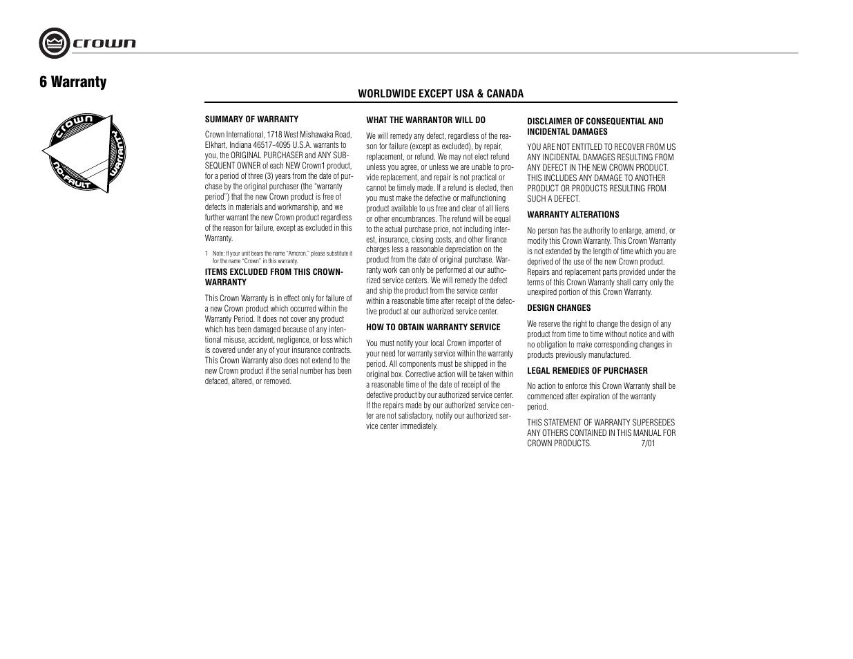 6 warranty | Crown Audio 180MA User Manual | Page 18 / 20