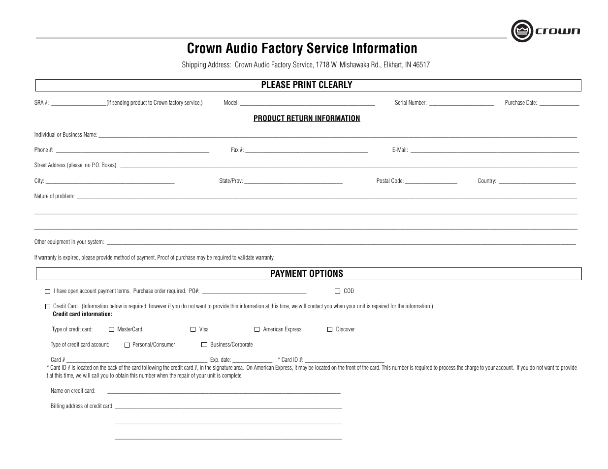 Crown audio factory service information, Please print clearly, Payment options | Crown Audio 180MA User Manual | Page 19 / 20