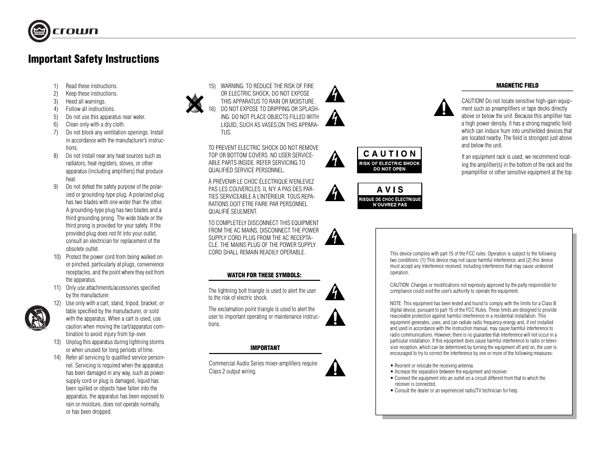 Important safety instructions | Crown Audio 180MA User Manual | Page 2 / 20