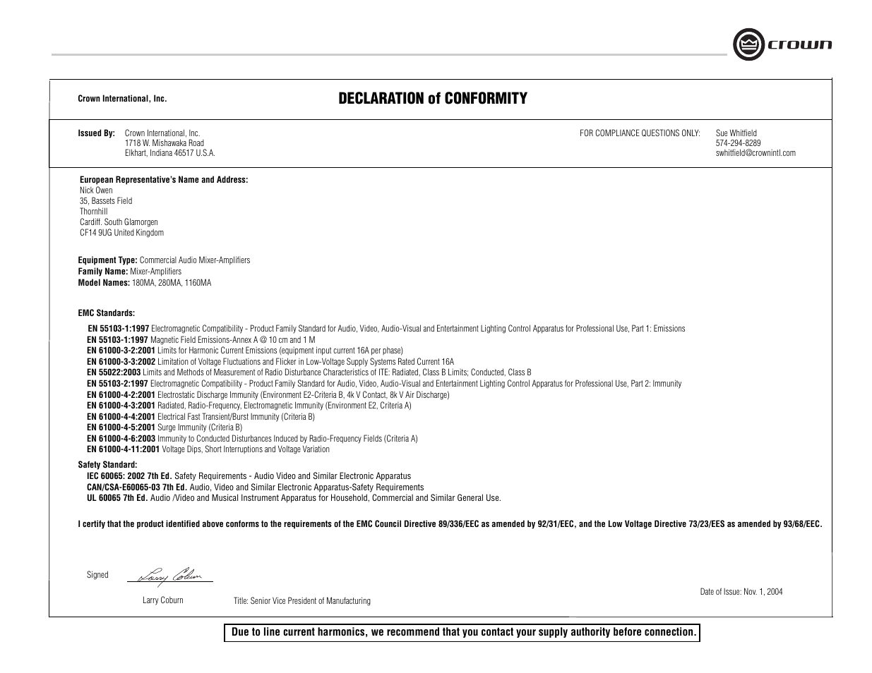 Declaration of conformity | Crown Audio 180MA User Manual | Page 3 / 20