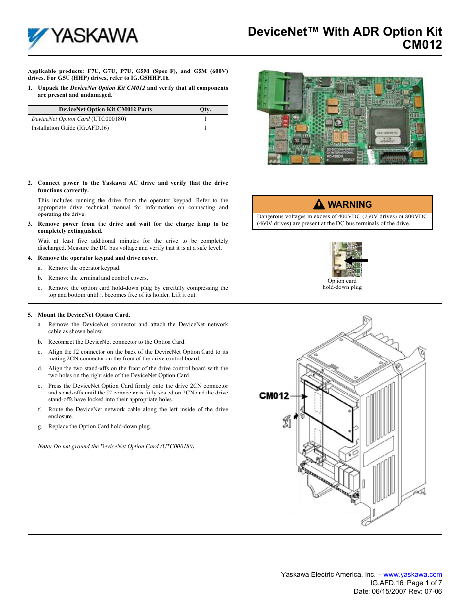 Yaskawa DeviceNet with ADR Option Kit CM012 User Manual | 7 pages