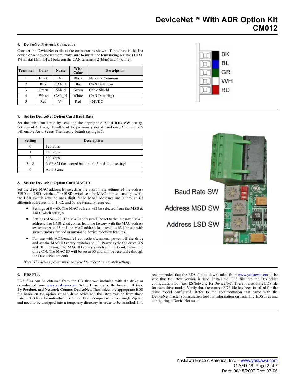 Devicenet™ with adr option kit cm012 | Yaskawa DeviceNet with ADR Option Kit CM012 User Manual | Page 2 / 7