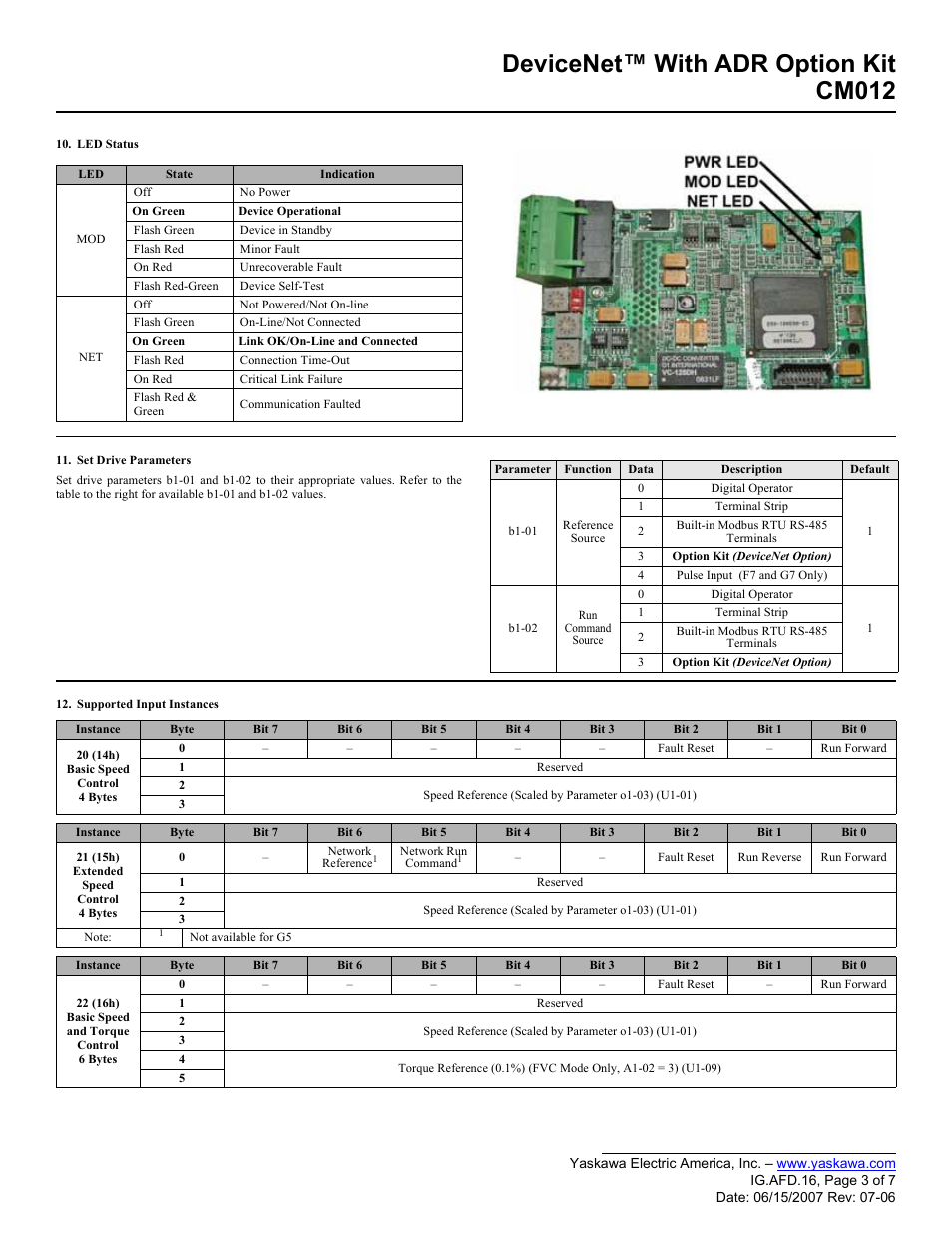 Devicenet™ with adr option kit cm012 | Yaskawa DeviceNet with ADR Option Kit CM012 User Manual | Page 3 / 7