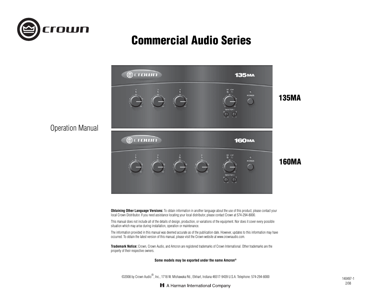 Crown Audio 160MA User Manual | 24 pages