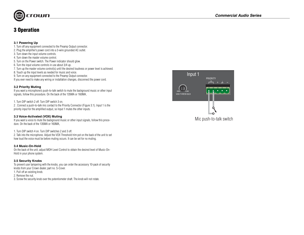 3 operation, Input 1 | Crown Audio 160MA User Manual | Page 12 / 24