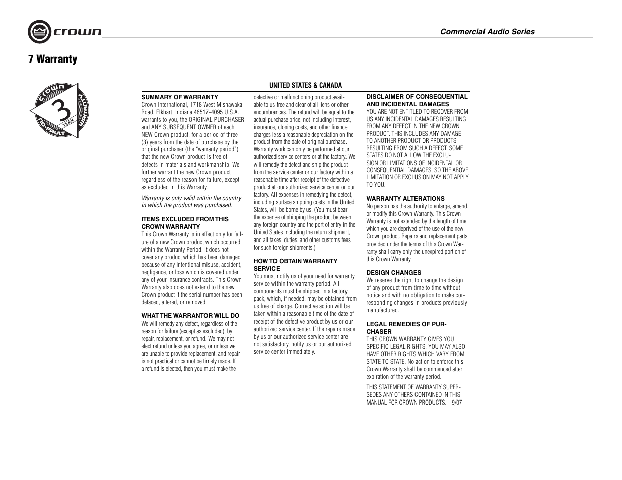 7 warranty | Crown Audio 160MA User Manual | Page 16 / 24