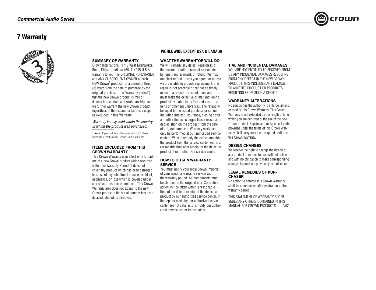 7 warranty | Crown Audio 160MA User Manual | Page 17 / 24