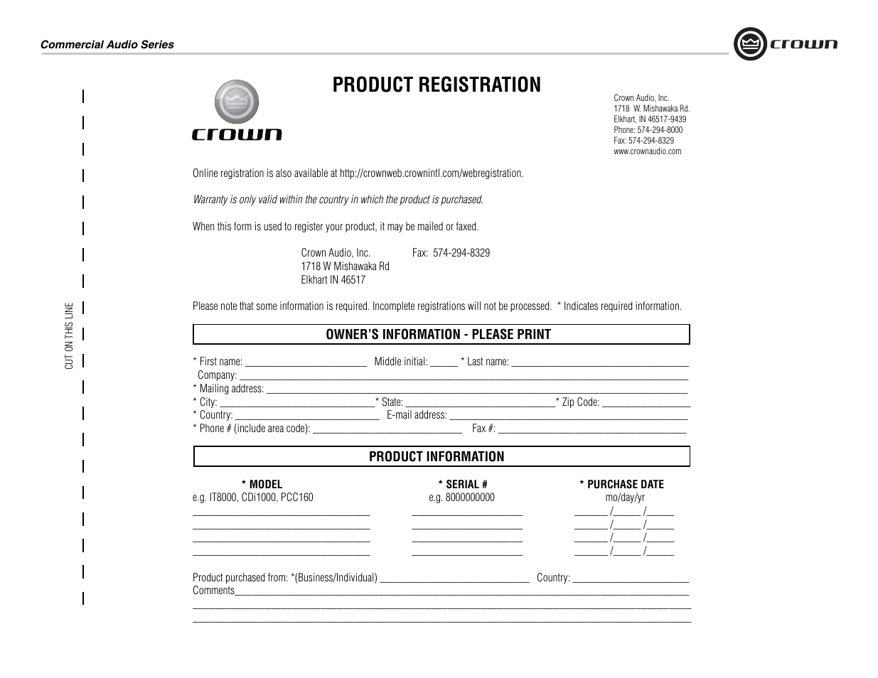 Product registration | Crown Audio 160MA User Manual | Page 19 / 24