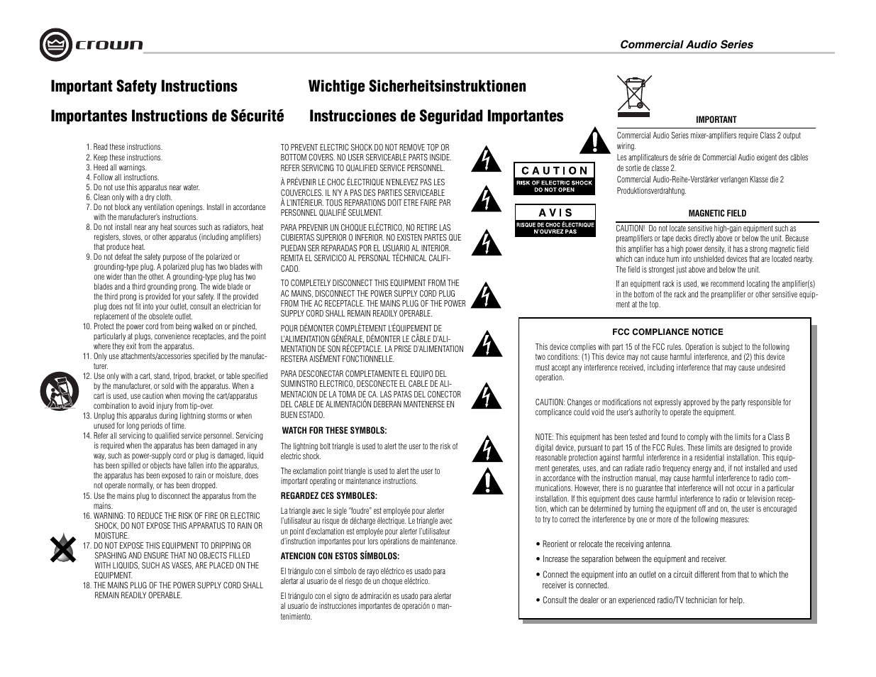Important safety instructions | Crown Audio 160MA User Manual | Page 2 / 24