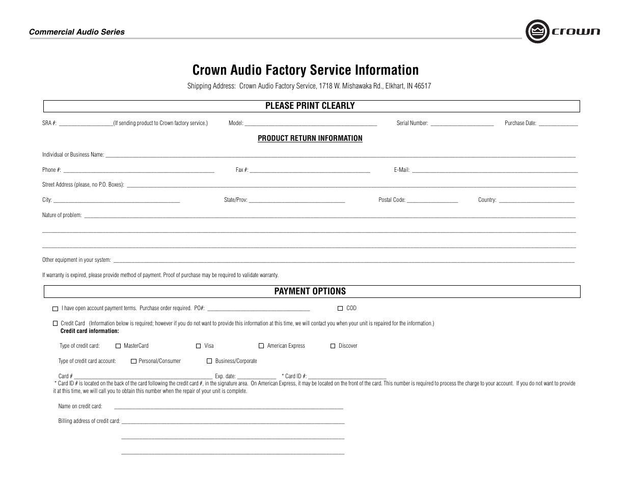 Crown audio factory service information | Crown Audio 160MA User Manual | Page 21 / 24