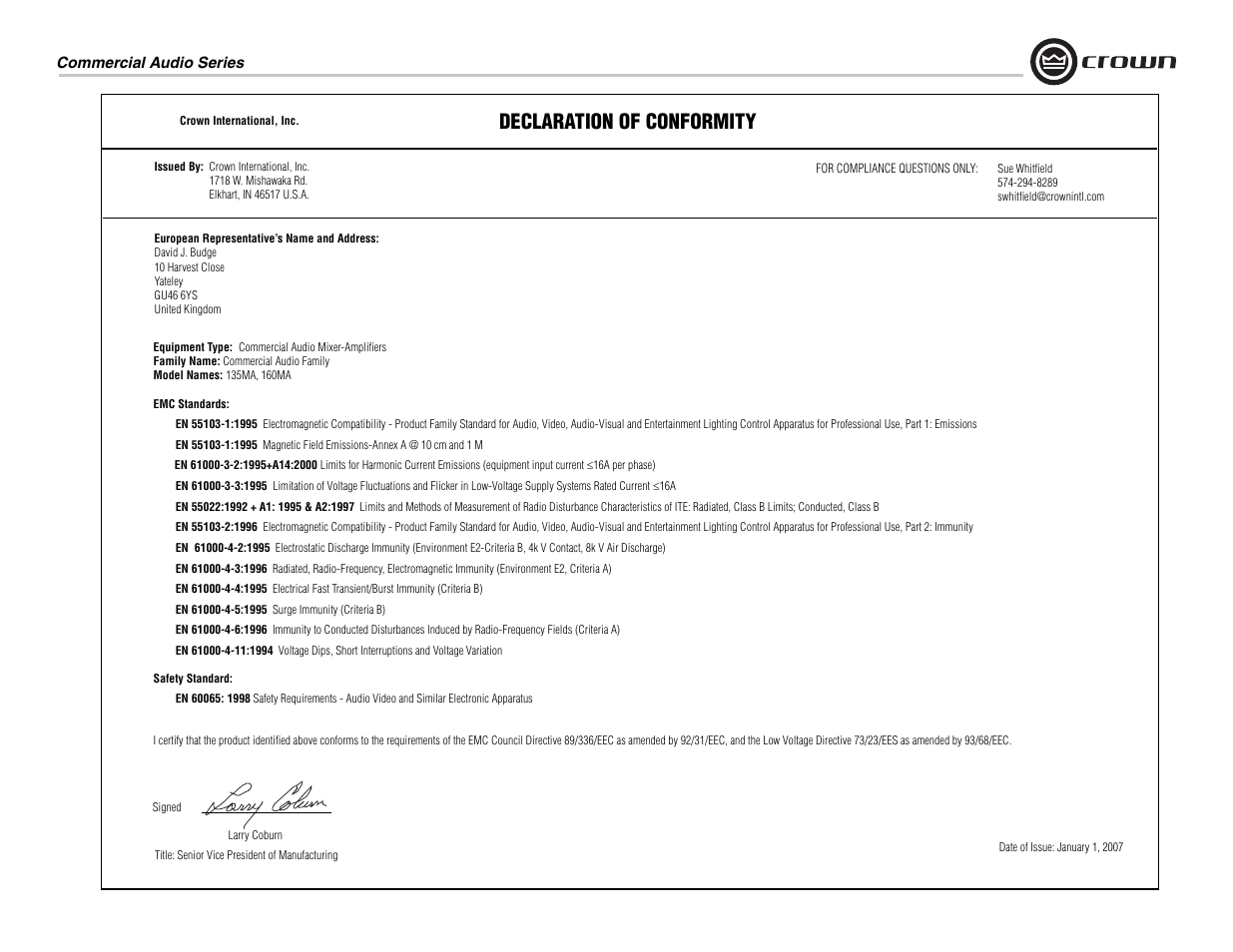 Declaration of conformity | Crown Audio 160MA User Manual | Page 3 / 24