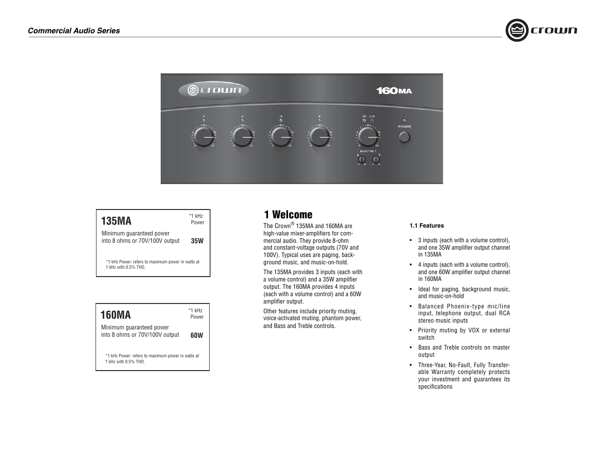 1 welcome, 135ma, 160ma | Crown Audio 160MA User Manual | Page 5 / 24