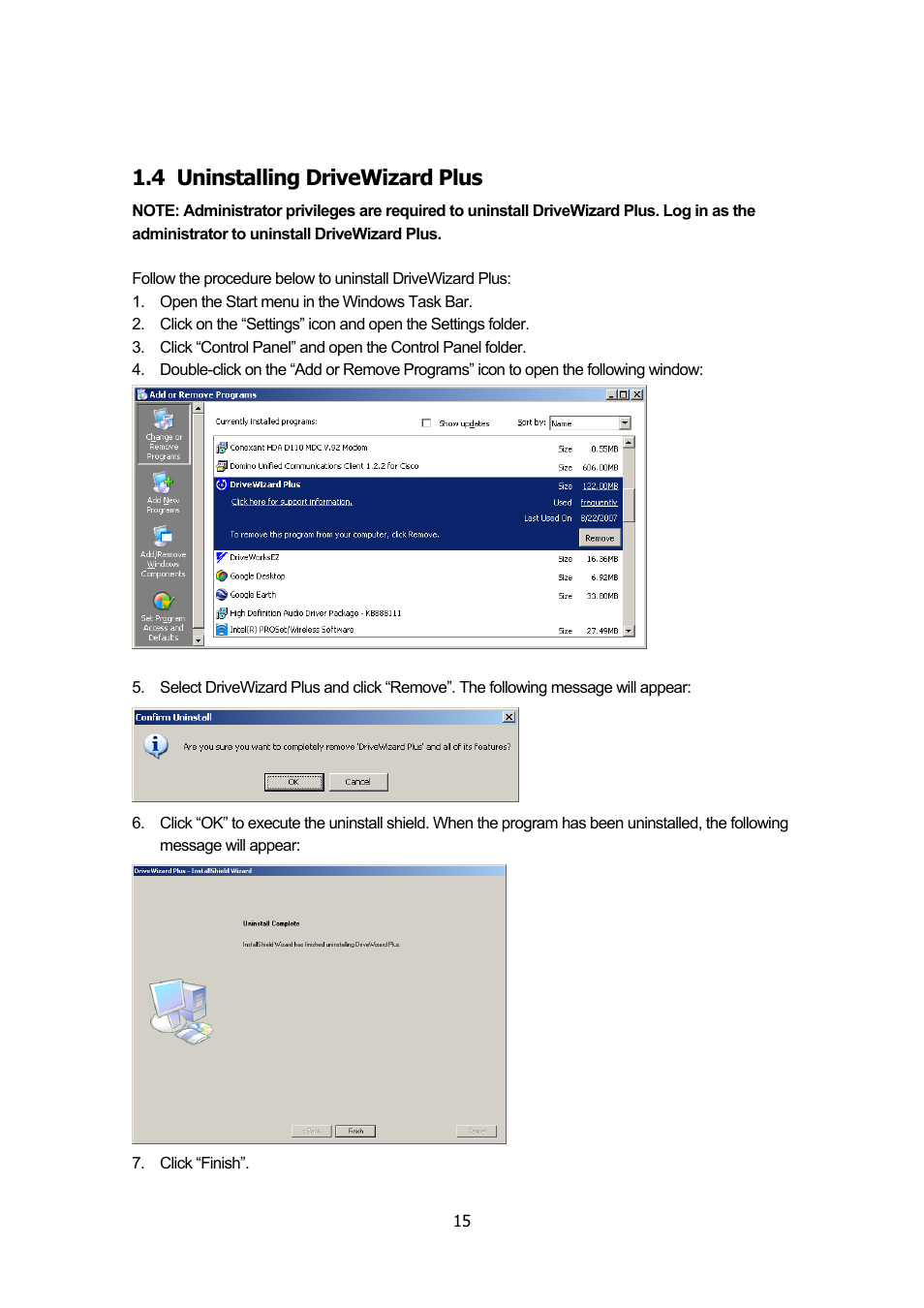 4 uninstalling drivewizard plus, Uninstalling drivewizard plus | Yaskawa DriveWizard Plus User Manual | Page 15 / 198