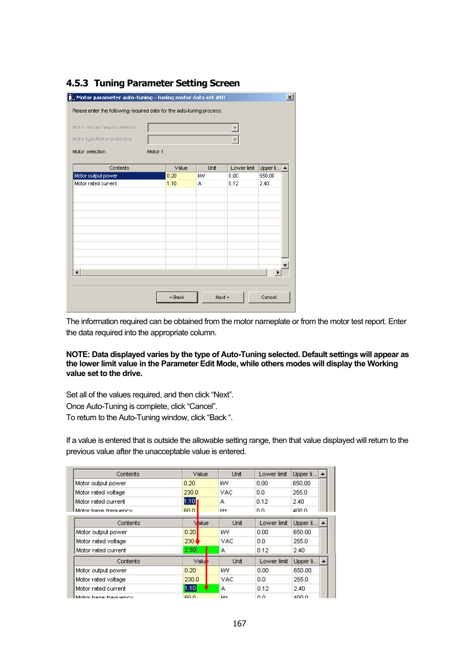 3 tuning parameter setting screen, Tuning parameter setting screen | Yaskawa DriveWizard Plus User Manual | Page 167 / 198