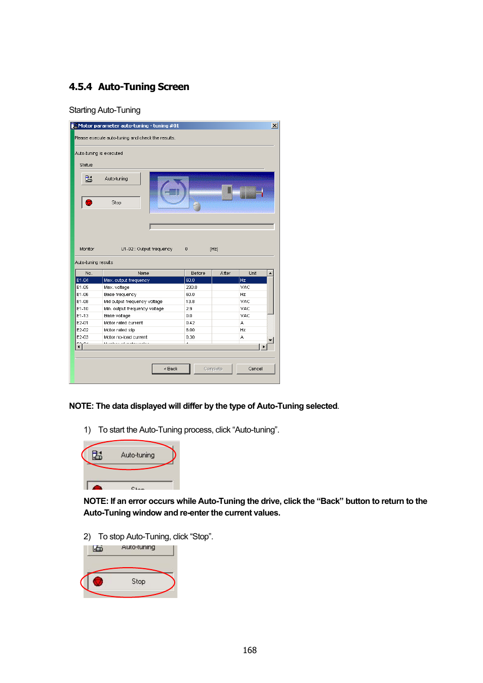 4 auto-tuning screen, Auto-tuning screen | Yaskawa DriveWizard Plus User Manual | Page 168 / 198