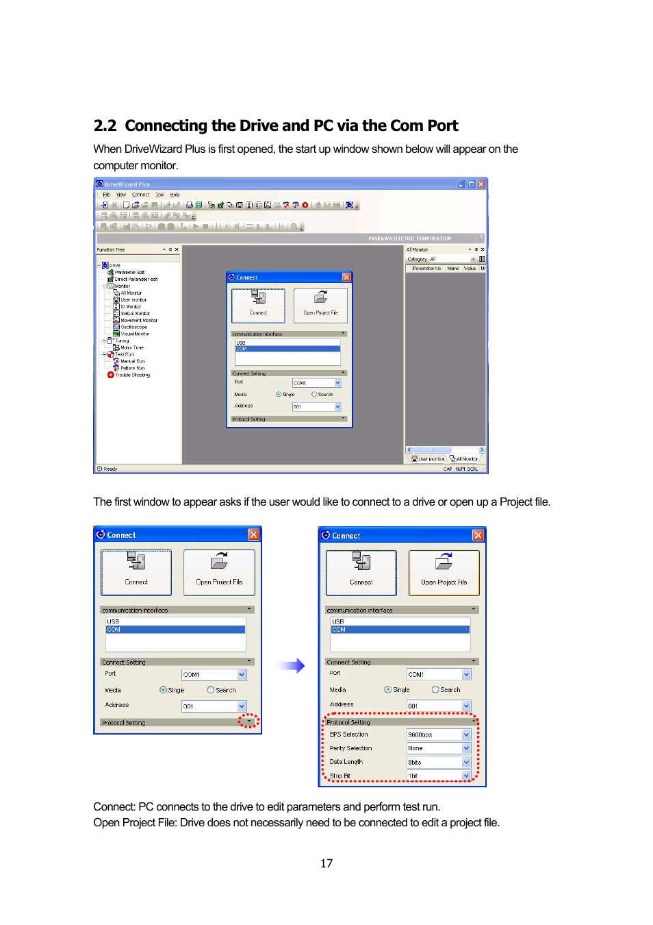 2 connecting the drive and pc via the com port, Connecting the drive and pc via the com port | Yaskawa DriveWizard Plus User Manual | Page 17 / 198