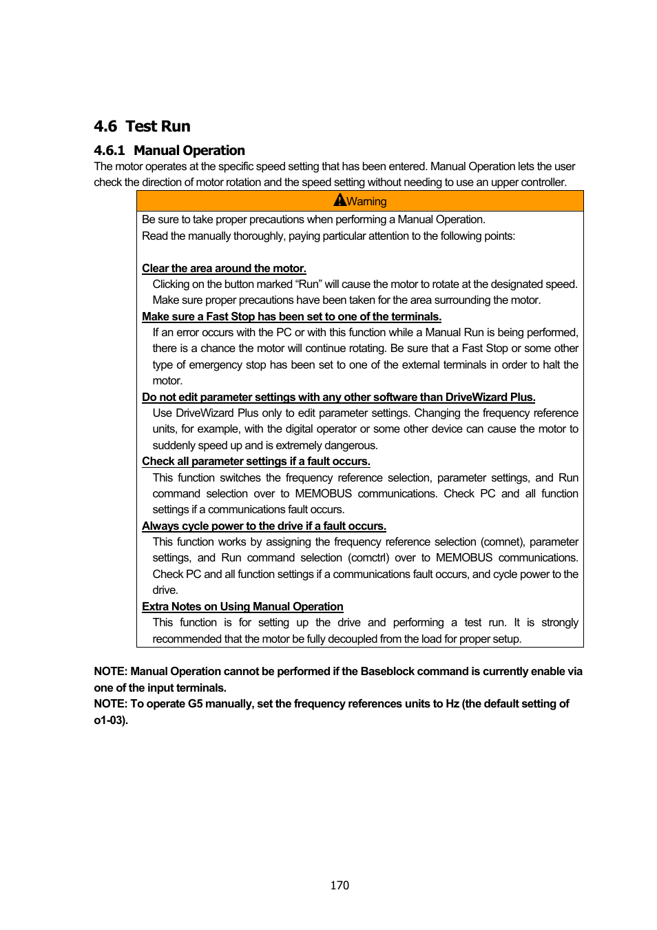 6 test run, 1 manual operation, Test run | Manual operation | Yaskawa DriveWizard Plus User Manual | Page 170 / 198
