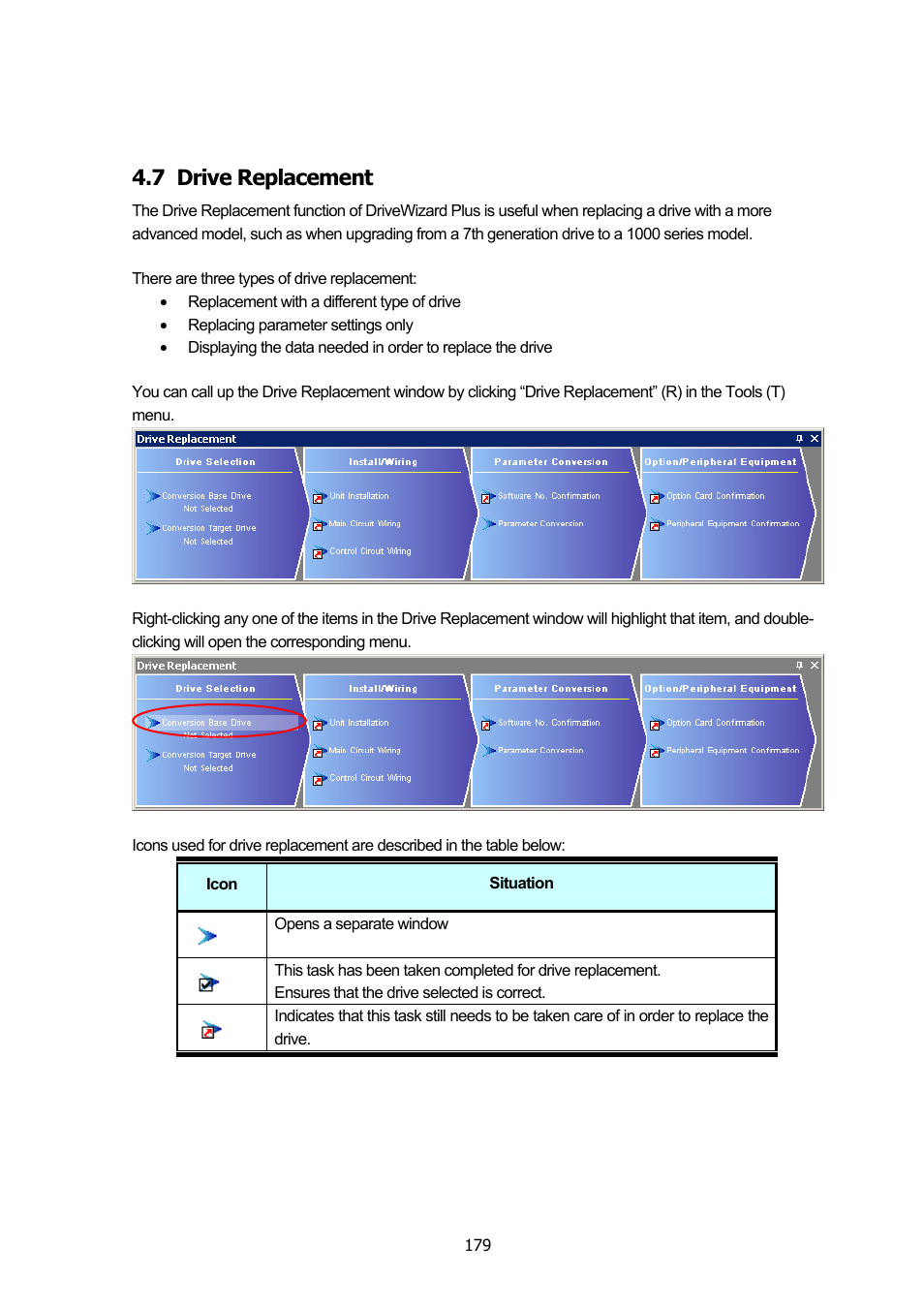 7 drive replacement, Drive replacement | Yaskawa DriveWizard Plus User Manual | Page 179 / 198