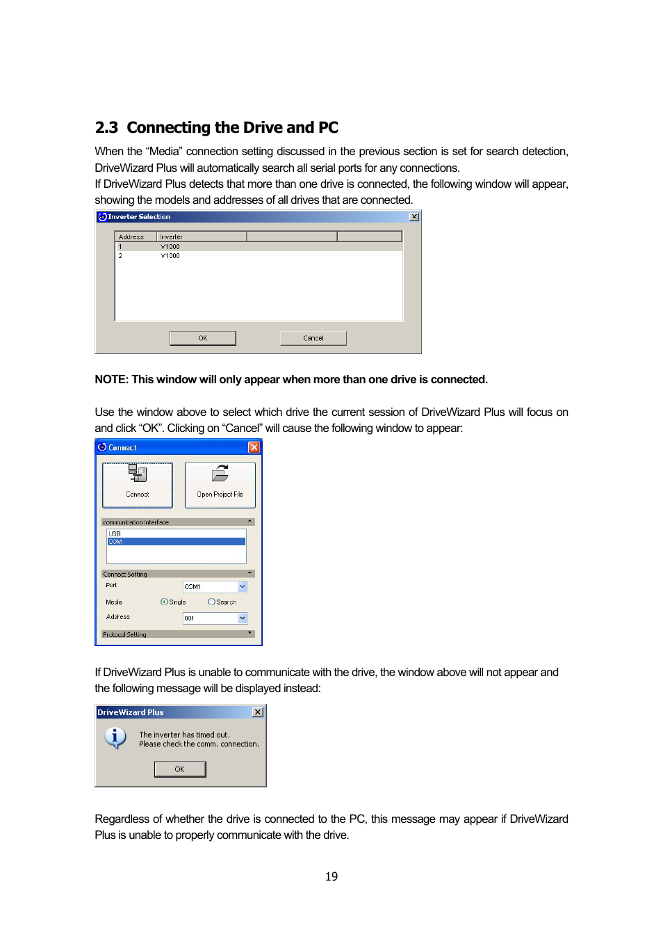 3 connecting the drive and pc, Connecting the drive and pc | Yaskawa DriveWizard Plus User Manual | Page 19 / 198