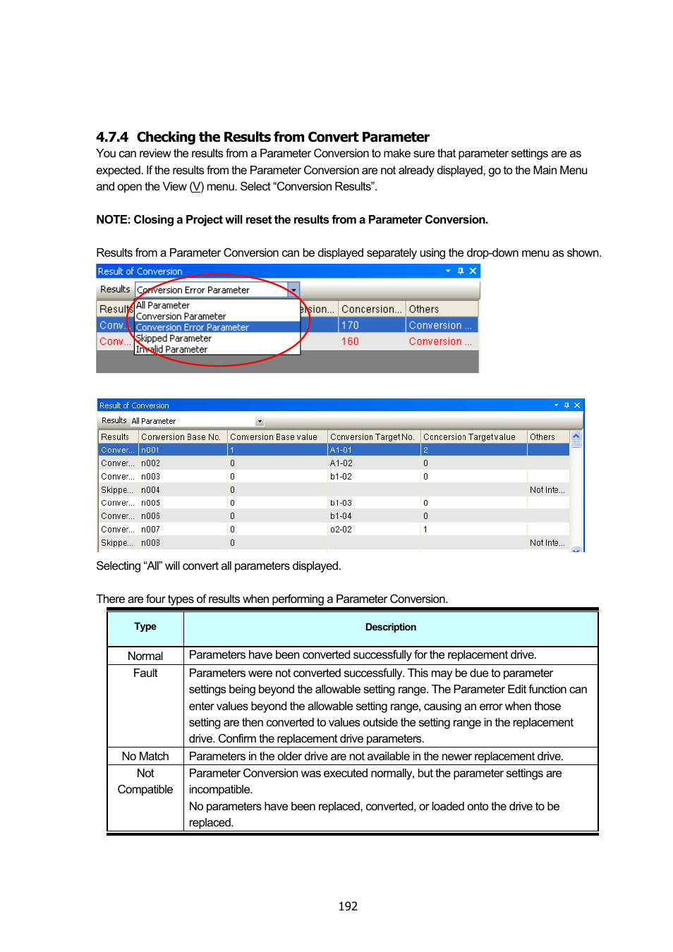 4 checking the results from convert parameter, Checking the results from convert parameter | Yaskawa DriveWizard Plus User Manual | Page 192 / 198