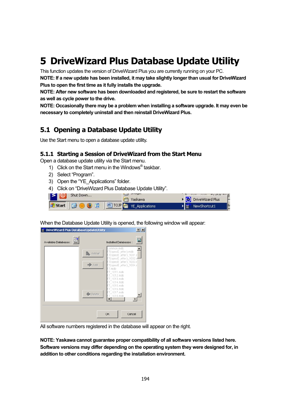 5 drivewizard plus database update utility, 1 opening a database update utility, Drivewizard plus database update utility | Opening a database update utility | Yaskawa DriveWizard Plus User Manual | Page 194 / 198