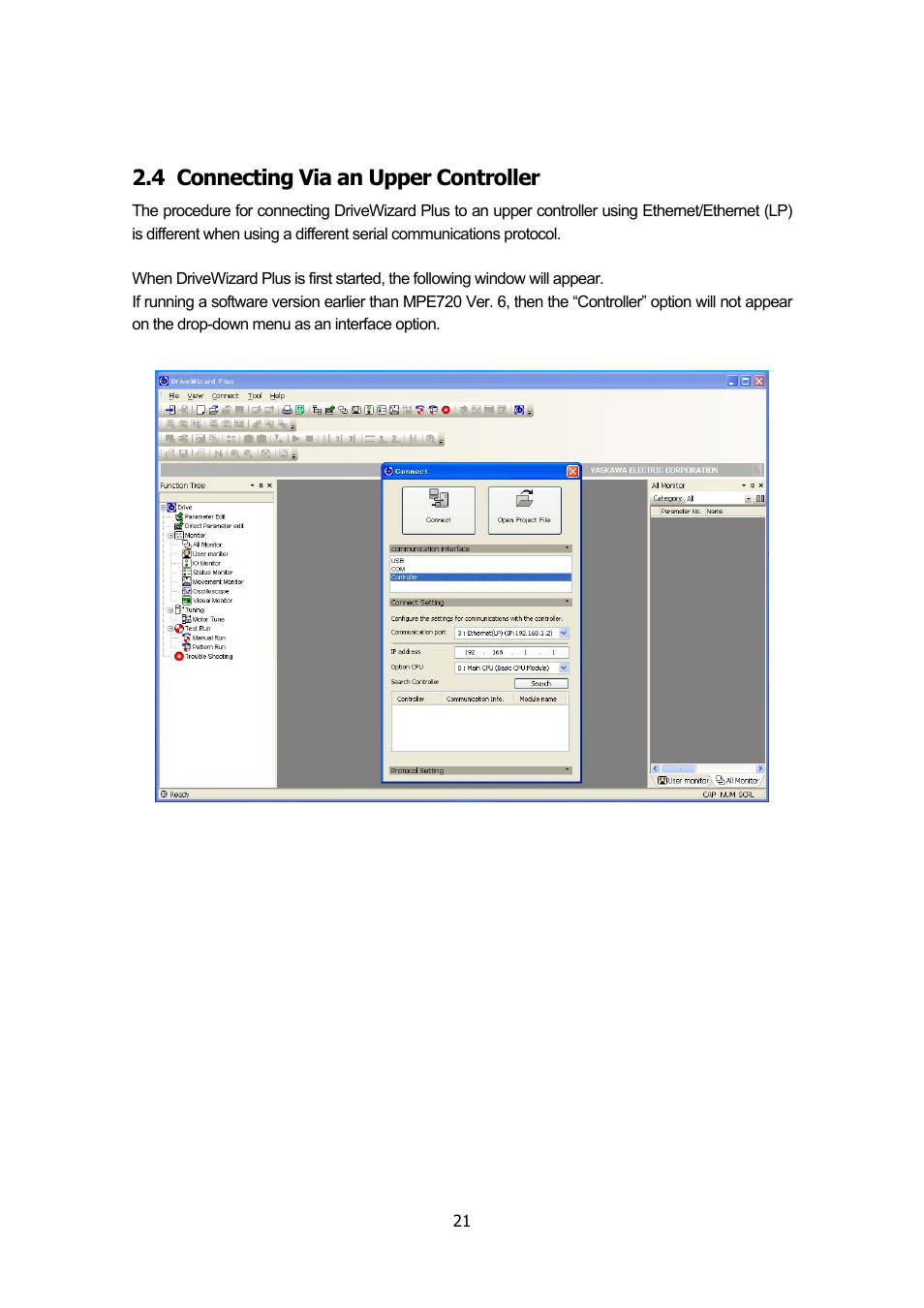 4 connecting via an upper controller, Connecting via an upper controller | Yaskawa DriveWizard Plus User Manual | Page 21 / 198
